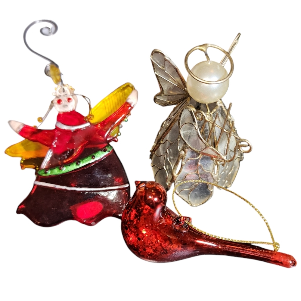 Vintage Lot of Three Glass‎ & Capiz Shell Angels & Bird Christmas Tree Ornaments